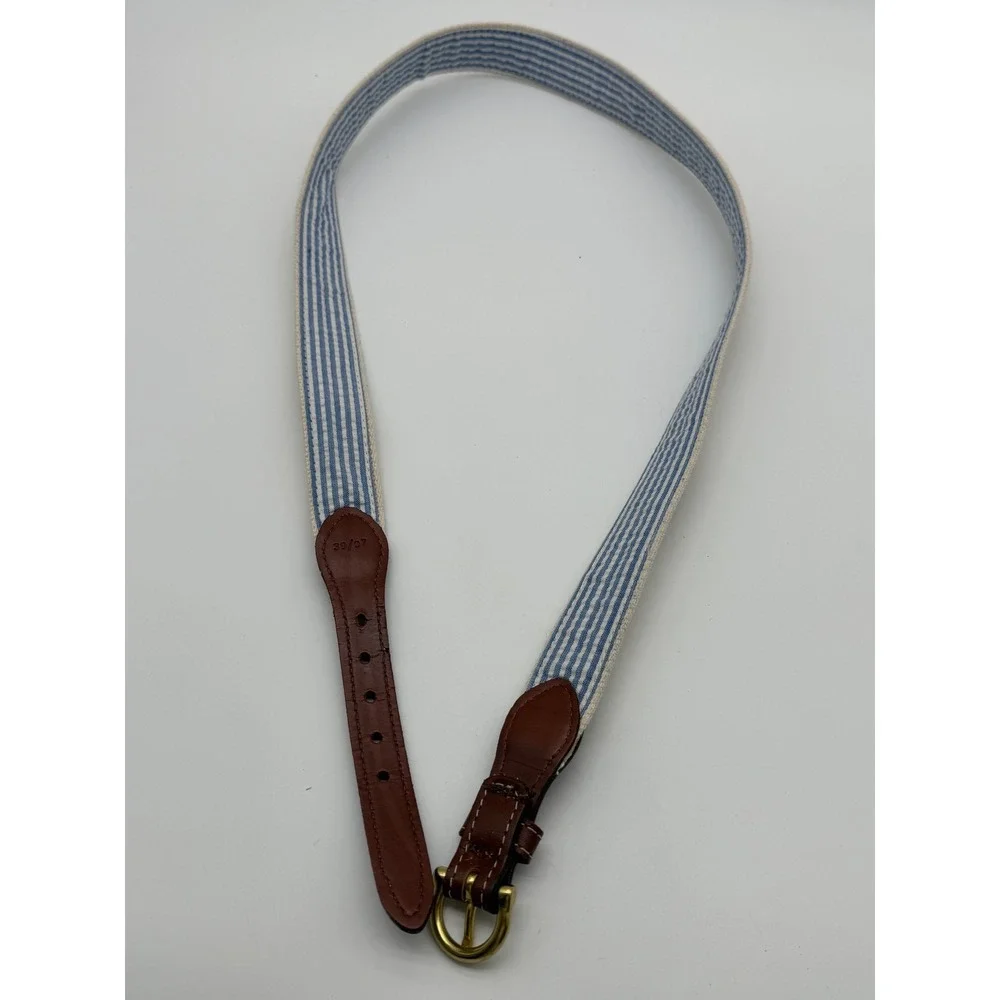 Mens Canvas Seersucker Lined Surcingle Belt Brown Leather Cream Blue 38 97